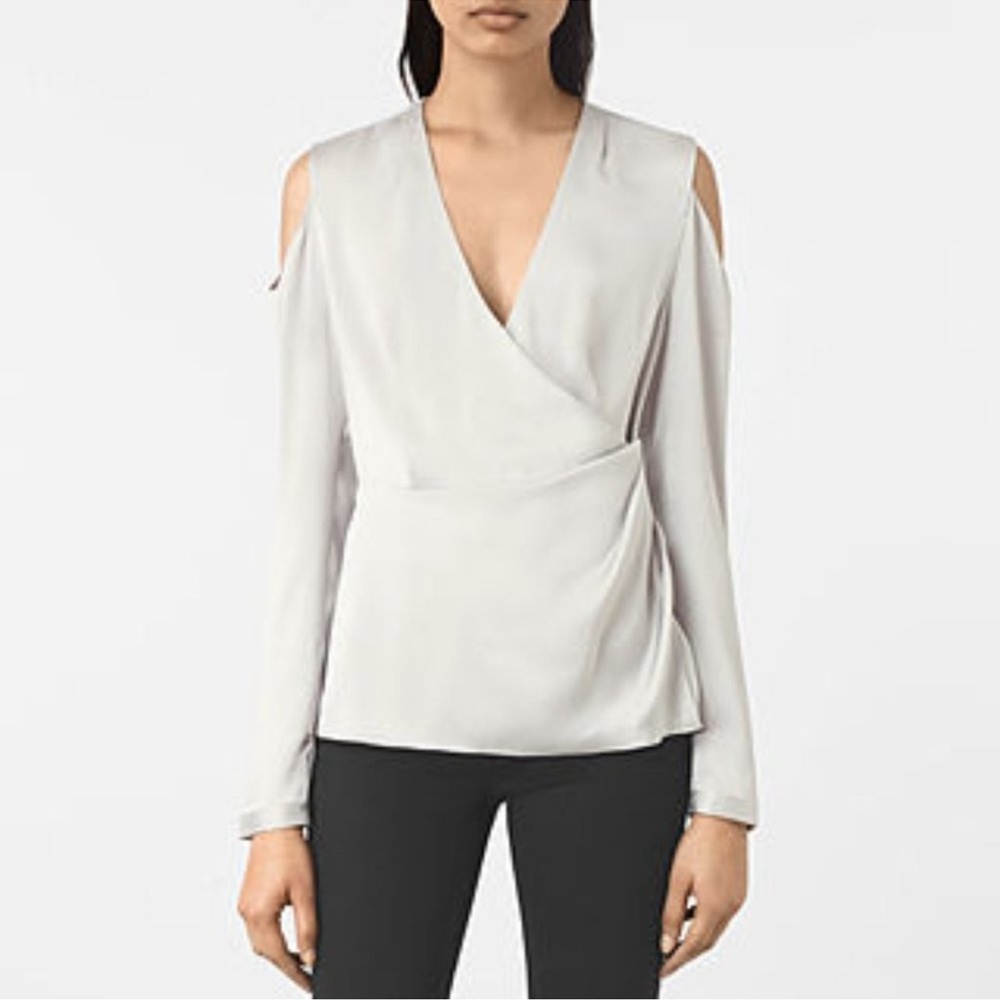 All Saints Danio Top, Cold Shoulder Blouse, Storm Grey, NEW! Size 4